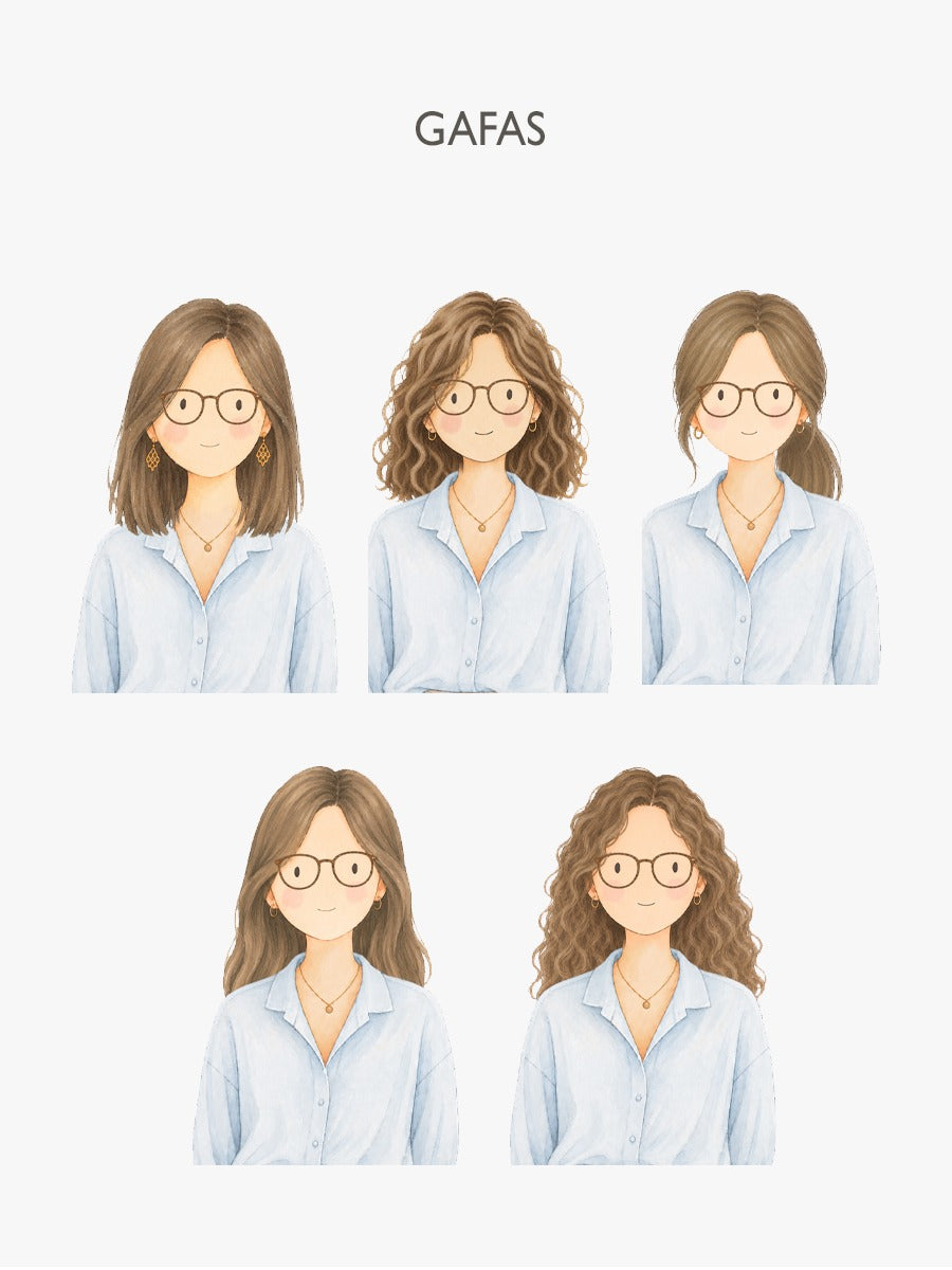 Ilustración de mujer con gafas y diferentes peinados