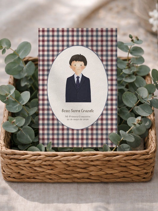 Recordatorio Comunión Vichy Azul Burdeos