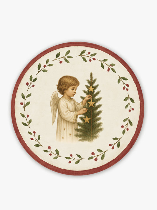 Mantel individual redondo con diseño de ángel navideño y bayas