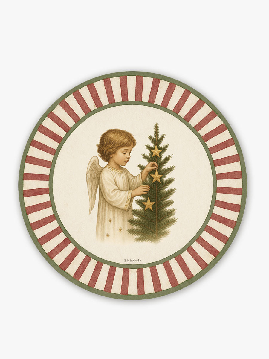 Mantel redondo navideño con ángel - detalle del diseño