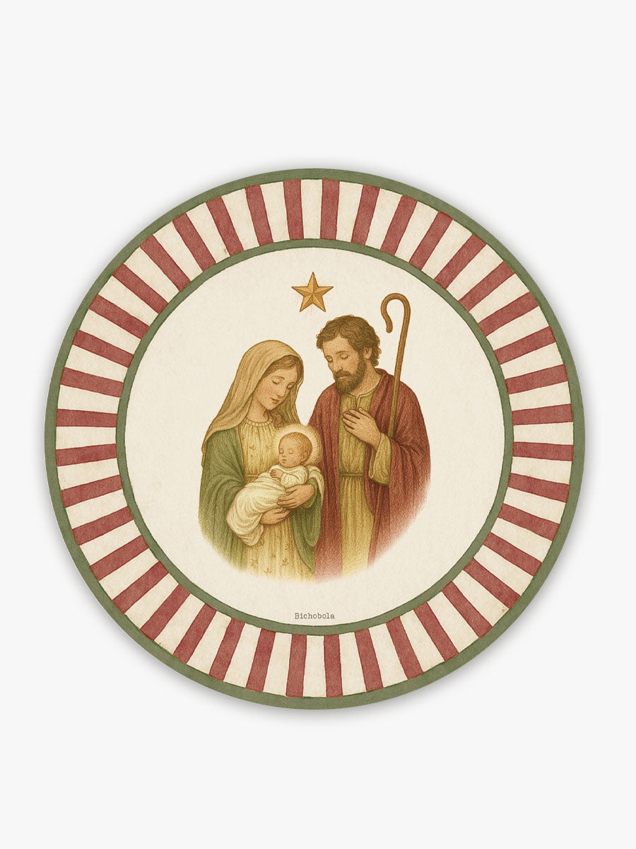 Mantel individual redondo con diseño de sagrada familia navideño y rayas