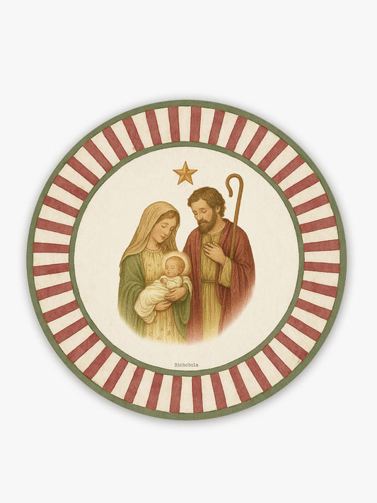 Mantel individual redondo con diseño de sagrada familia navideño y rayas