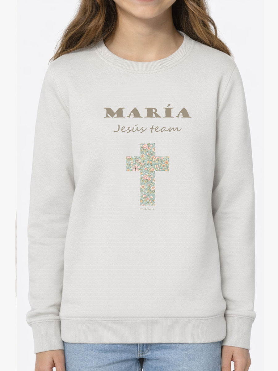 Sudadera Jesús Team Cruz Jardín color Natural personalizable con nombre para Primera Comunión
