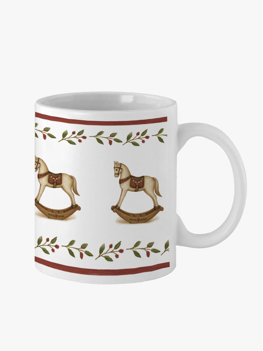Taza de loza navideña con diseño de caballos en cerámica esmaltada